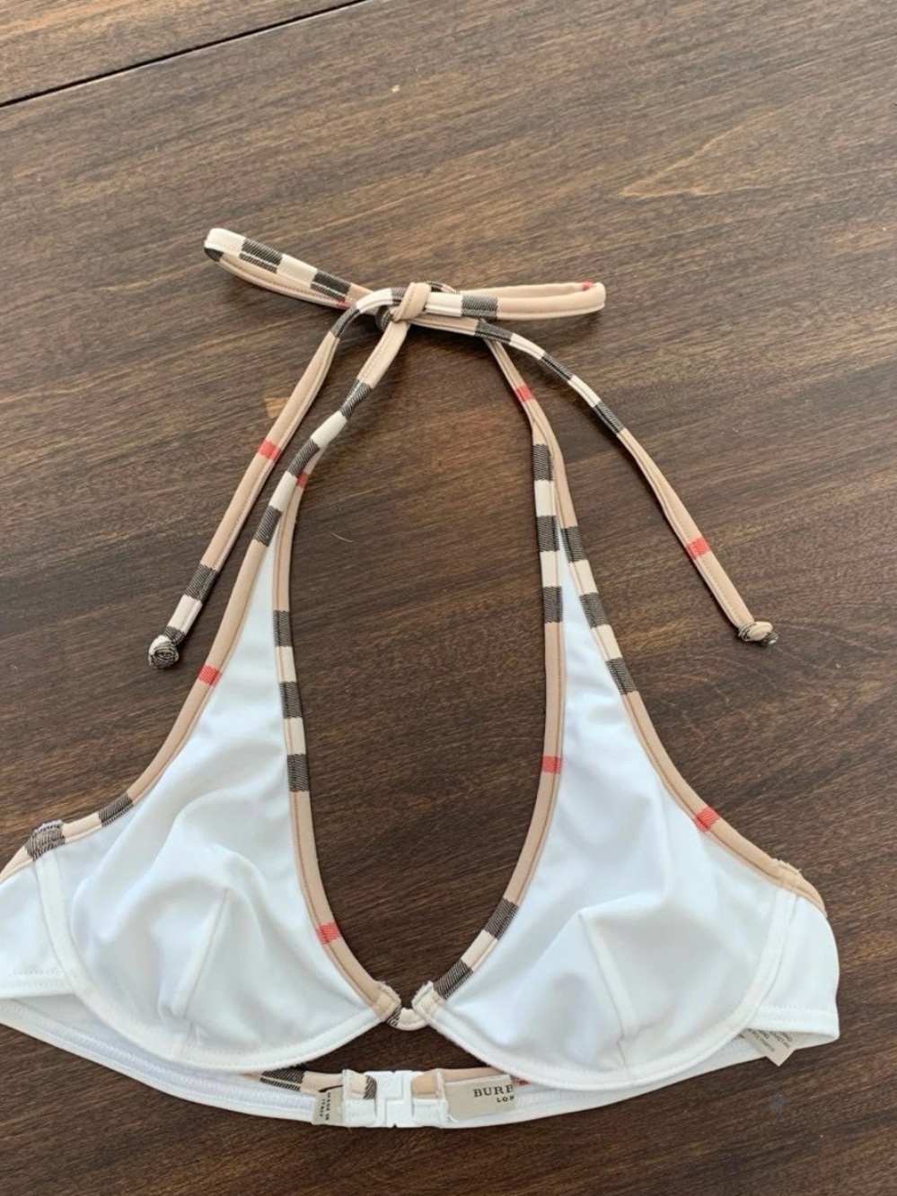 Burberry White Bikini Top with Beige and Dark Brown Check Trim